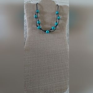 Handmade Turquoise Clay Bead & Black Leather 2-Strand Necklace